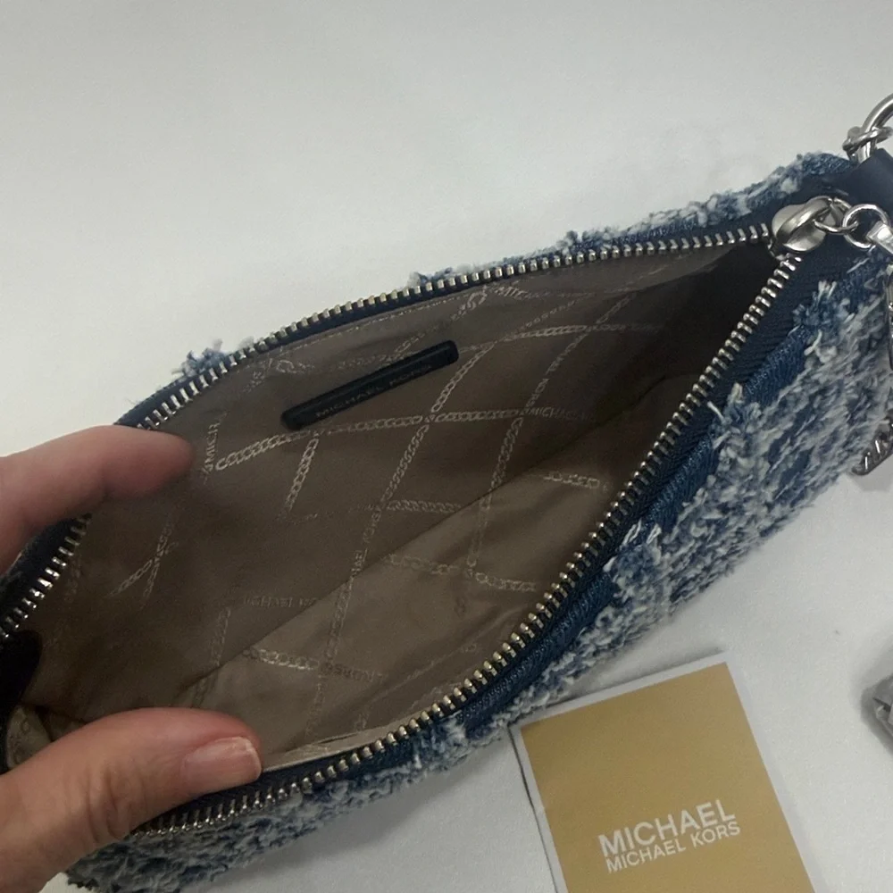Michael Kors Empire Medium Frayed Denim Chain-Link Pochette handbag. .NWT